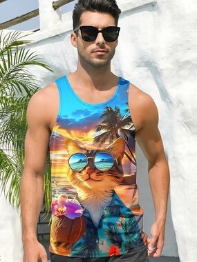 Men's Blue Tropical Cat Print Tank Top